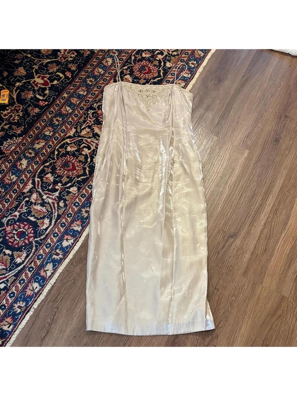 David’s Bridal Elegant Cream Champagne Shimmer Dress wedding Formal Prom Gown